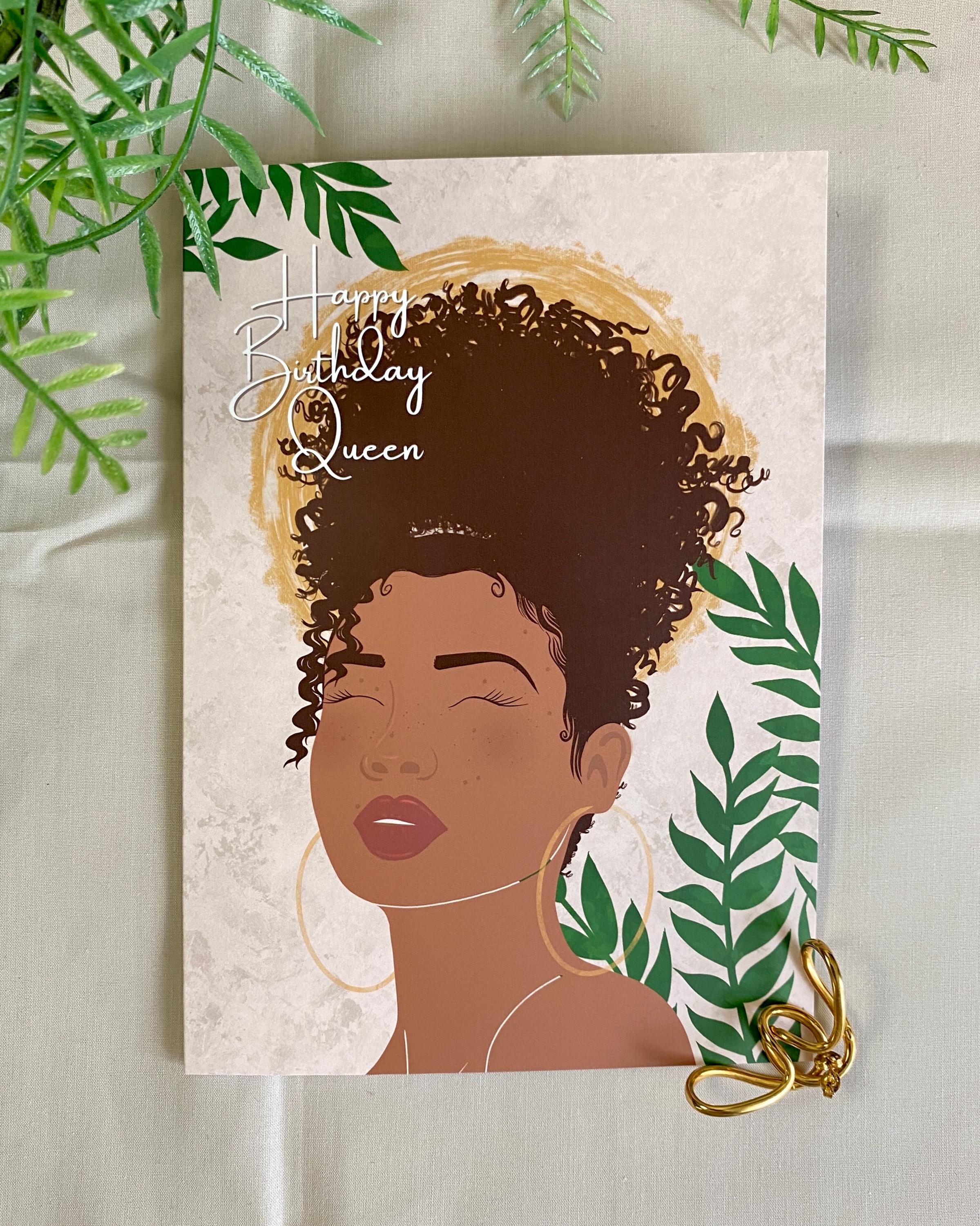Happy Birthday Queen Greeting Card, Curly Hair, Black Woman Cards, Ethnic, Black Girl Magic, Diverse, Mixed Race Bi Racial Birthday Card