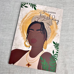 Cartão de felicitações de feliz aniversário, rainha, cartões de mulher negra, turbante, garota negra étnica, mágica, diversa, pele escura, birracial, cartão de aniversário AFRO