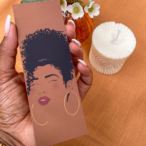 Shay's Face segnalibro Donna nera. Melanin Afro-americano custode della pagina Afro copricapo astratto nero posseduto arte nera ragazza magia