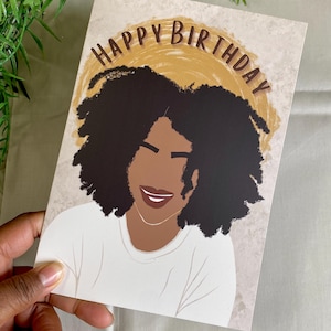 Biglietto di compleanno afro ragazza nera, biglietto donna nera, biglietti di auguri neri, biglietti etnici, magia ragazza nera, biglietti diversi, capelli ricci, razza mista