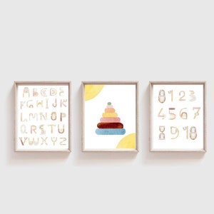 Conjunto de 3 carteles educativos, decoración de la pared del vivero, número boho, sala de juegos montessori, alfabeto boho, letras Boho, descarga digital, imprimible