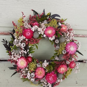Flowery door wreath in pink and pink with light green felt balls, available to order in 3 different sizes