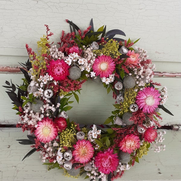 Flowery door wreath in pink and pink with light green felt balls, available to order in 3 different sizes
