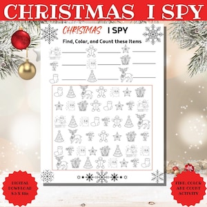 Christmas I Spy printable activity, kid&#39;s Christmas Party Game, Busy Book pages, find, color, and count Toddler Activity, search and find