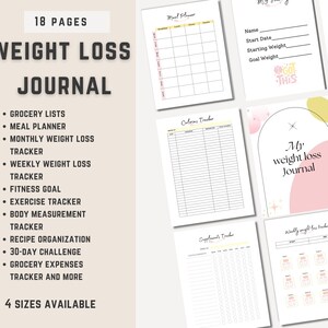 Diario de pérdida de peso para mujeres, lista de compras, rastreador de calorías, pérdida de peso, rastreador de ejercicio físico, desafío de 30 días, tarjeta de recetas en PDF