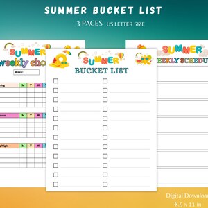 Summer Bucket List Planner  Kids&#39; Fun Activities Printable weekly summer schedule, summer Checklist, weekly chores chart  Family planner