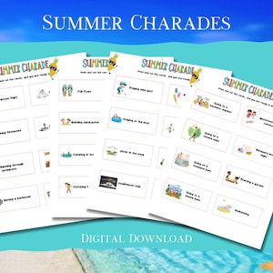 Summer Charades Printable Game for Kids and Adults Indoor Family Fun, Pool Party Activity & Classroom Fun, Summer Break Gift, Road Trip Game