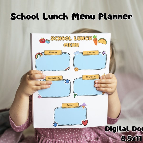 Back to School Lunch Menu Planner, Meal Planning for Kids, Perfect for Daycare & Family Meal Organization, Children's Weekly Lunch Planner