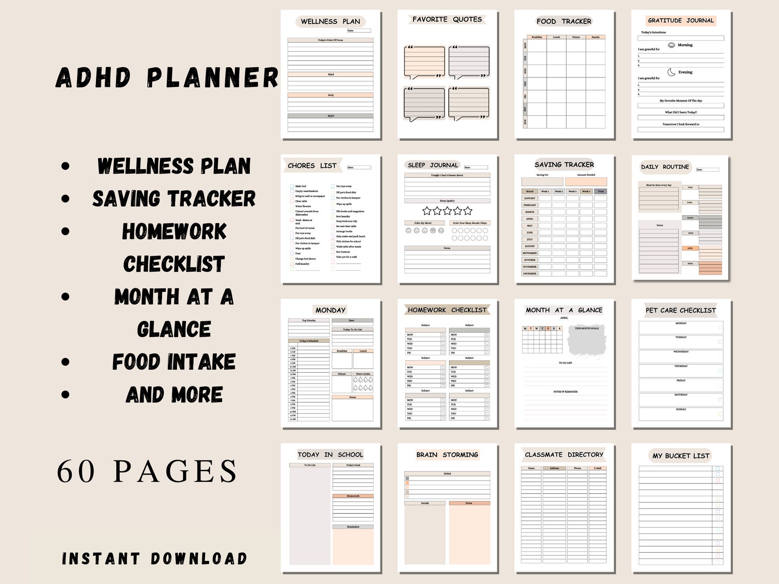 ADHD Planner for Kids Printable School Planner &amp; Organizer/ Teens ADHD ...