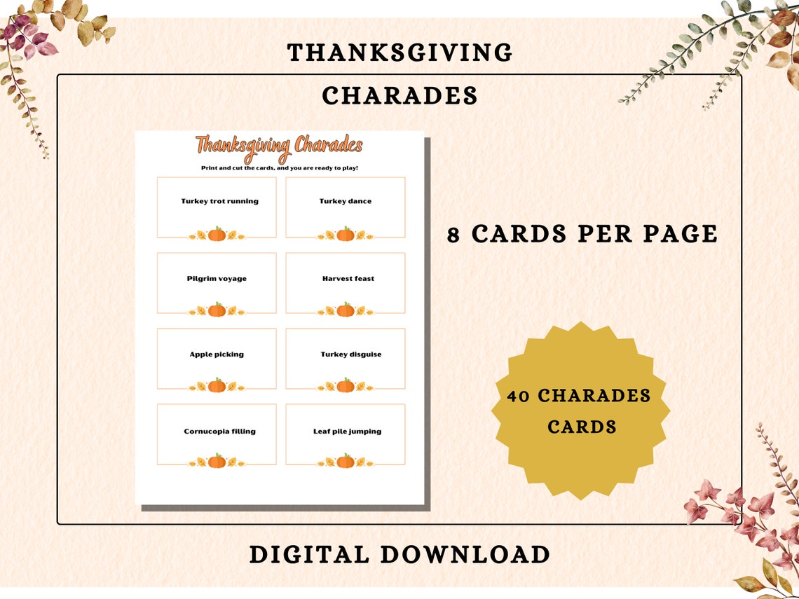 Thanksgiving Family Fun Charades Game, Printable Pictionary Trivia, Act ...