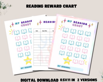 May include: Two printable reading reward charts with a pink and blue color scheme. The charts feature a grid of open books with a "You Did It!" star at the bottom. The text on the charts reads "My Reading Chart".