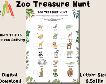 Zoo Treasure Hunt, Kid's Scavenger Hunt Activity, Family Trip to the Zoo Game Animals Scavenger Hunt field trip Activity Zoo I Spy printable