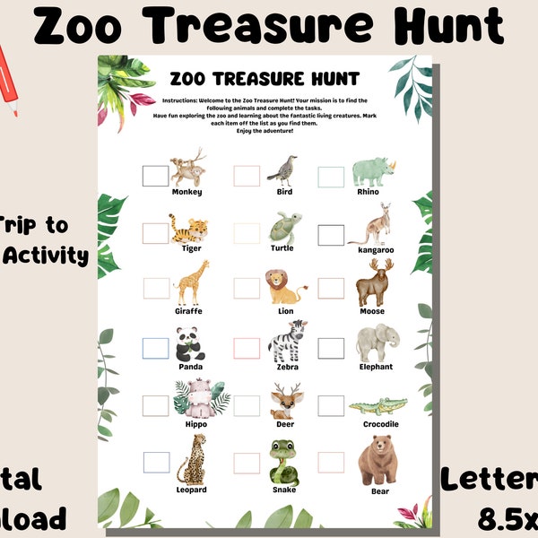 Zoo Treasure Hunt, Kid's Scavenger Hunt Activity, Family Trip to the Zoo Game Animals Scavenger Hunt field trip Activity Zoo I Spy printable