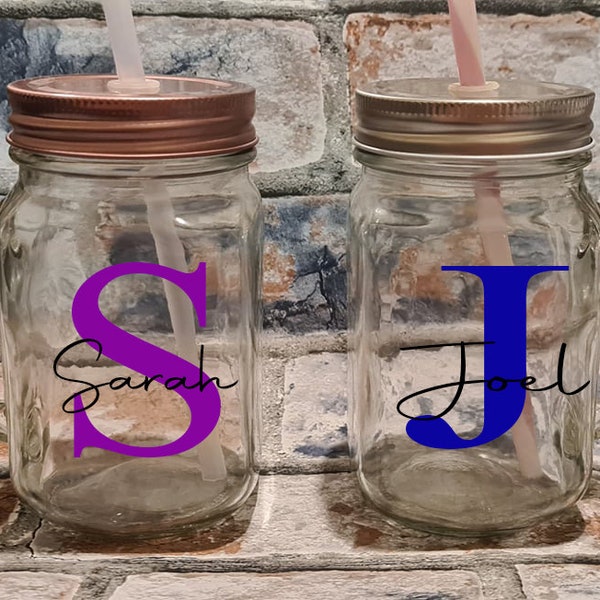 Personalised Mason Jar drinking glass cup, with straw. Named, Custom, Party Favour, Summer Drinks