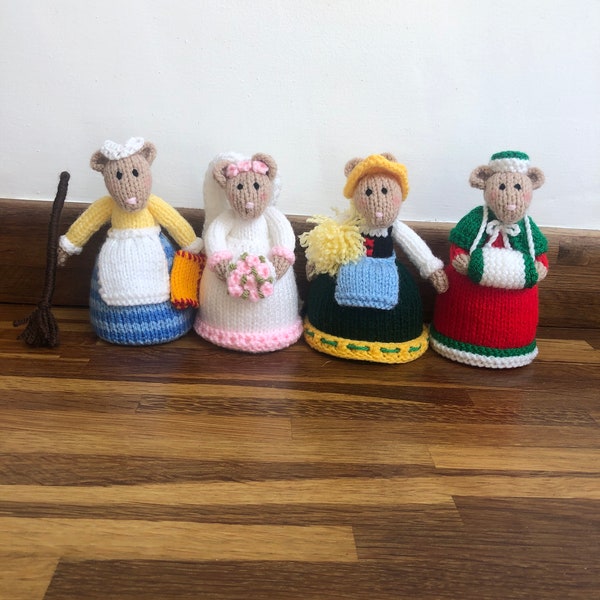 Hand knitted set of four mice