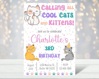 Kitty Cat Birthday Invitation Cat Party Decoration Cat Themed Girl Cat Birthday Invite Party Animal Let's Pawty Are You Kitten Me Right Meow