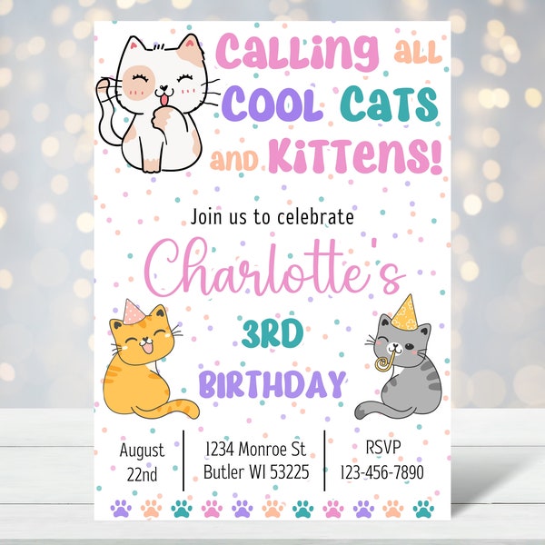 Kitty Cat Birthday Invitation Cat Party Decoration Cat Themed Girl Cat Birthday Invite Party Animal Let's Pawty Are You Kitten Me Right Meow