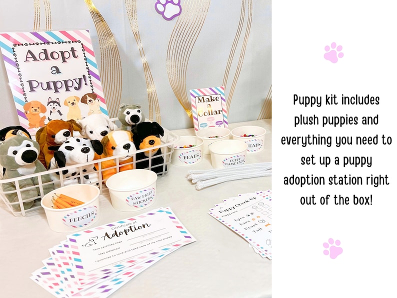 May include: A colorful 'Adopt a Puppy!' party kit with plush puppies, a basket, bowls, pencils, and printable adoption certificates. The kit includes everything you need to set up a puppy adoption station.