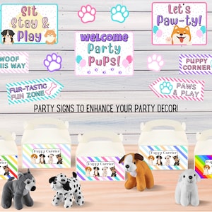May include: A set of 10 printable party signs for a puppy-themed party. The signs feature paw prints, dogs, and text such as "Woof This Way", "Fur-Tastic Fun Zone", "Welcome Party Pups!" and "Let's Paw-ty!"