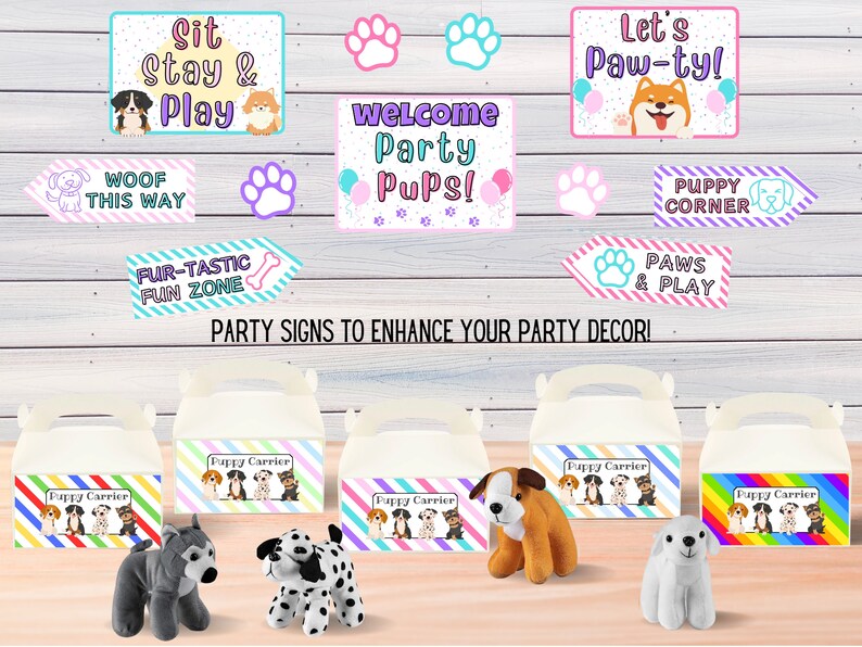 May include: A set of 10 printable party signs for a puppy-themed party. The signs feature paw prints, dogs, and text such as "Woof This Way", "Fur-Tastic Fun Zone", "Welcome Party Pups!" and "Let's Paw-ty!"