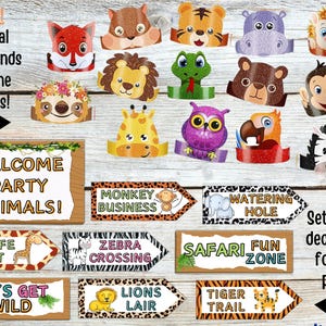 May include: A set of 12 jungle animal themed party decorations. The set includes 10 animal headbands and 2 welcome signs. The headbands feature a variety of animals including a giraffe, zebra, lion, tiger, monkey, sloth, hippo, owl, parrot, and hedgehog. The welcome signs say "Welcome Party Animals!" and "Let's Get Wild!"