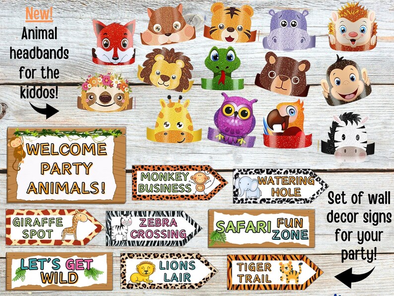May include: A set of 12 jungle animal themed party decorations. The set includes 10 animal headbands and 2 welcome signs. The headbands feature a variety of animals including a giraffe, zebra, lion, tiger, monkey, sloth, hippo, owl, parrot, and hedgehog. The welcome signs say "Welcome Party Animals!" and "Let's Get Wild!"