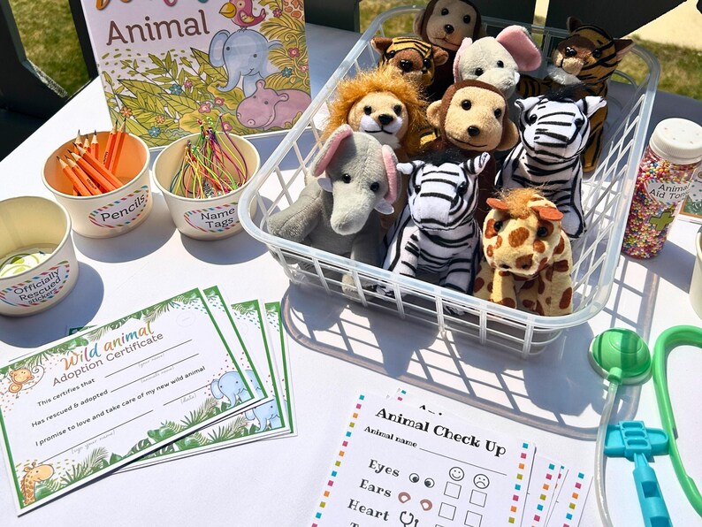 May include: A white wire basket filled with stuffed animal toys, including a lion, zebra, giraffe, monkey, and elephant. There are also adoption certificates, pencils, and a name tag on the table.