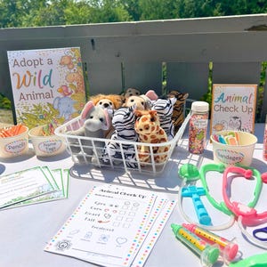 May include: A table set up for a children's animal adoption event. There are stuffed animals in a basket, pencils, name tags, and animal check-up forms. The sign says "Adopt a Wild Animal".