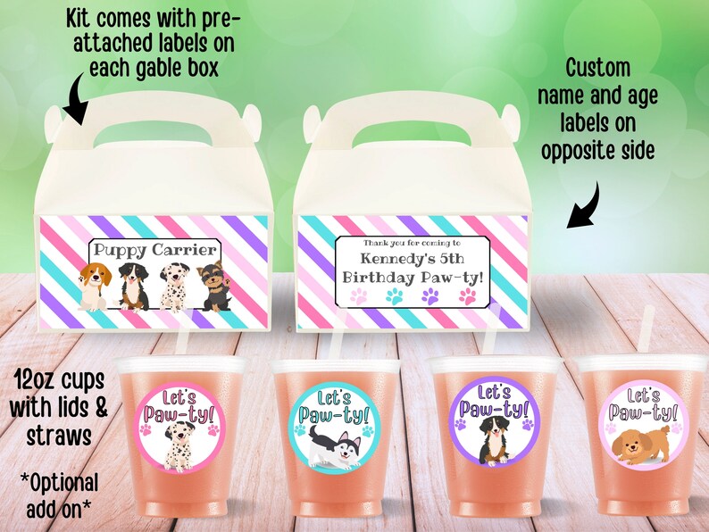 May include: A party favor kit for a dog-themed birthday party. The kit includes gable boxes with pre-attached labels that say "Puppy Carrier" and "Thank you for coming to Kennedy's 5th Birthday Paw-ty!"  The kit also includes 12-ounce cups with lids and straws, and stickers with a dog and the text "Let's Paw-ty!"