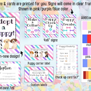 May include: Printable signs and cards for a puppy adoption event. The signs are pink, purple, and blue with a striped pattern. The signs include "Adopt a Puppy!" and "Puppy Check Up". The cards include a certificate of adoption and a puppy carrier label. The signs and cards are available in different colors, including pastel, multicolor, pink/purple, marine, and rainbow.