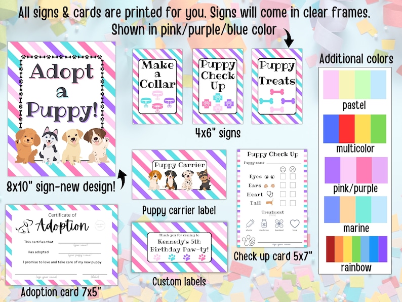 May include: Printable signs and cards for a puppy adoption event. The signs are pink, purple, and blue with a striped pattern. The signs include "Adopt a Puppy!" and "Puppy Check Up". The cards include a certificate of adoption and a puppy carrier label. The signs and cards are available in different colors, including pastel, multicolor, pink/purple, marine, and rainbow.