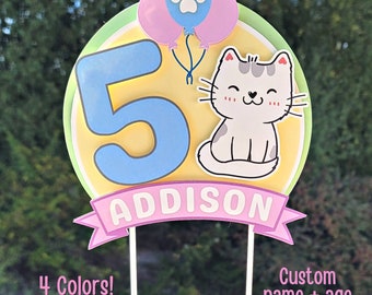 Custom Cat Cake Topper For Kids Kitty Birthday Party, Personalized Name And Age Decoration, Cute Girl Kitten Decor For Adopt A Pet Adoption