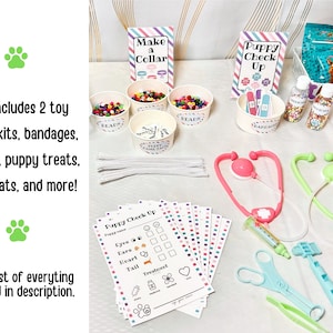 May include: A set of printable puppy doctor kit party supplies. The set includes a puppy check-up sheet, a make a collar sheet, a puppy check-up sign, and a variety of other items. The set is perfect for a puppy-themed party.