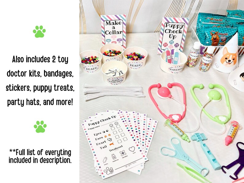 May include: A set of printable puppy doctor kit party supplies. The set includes a puppy check-up sheet, a make a collar sheet, a puppy check-up sign, and a variety of other items. The set is perfect for a puppy-themed party.