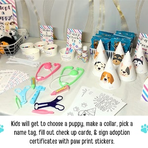 May include: A table set up for a puppy adoption party with plush puppies, party hats, and activity sheets. The table has a sign that says "Adopt a Puppy!" and another sign that says "Puppy Treats".