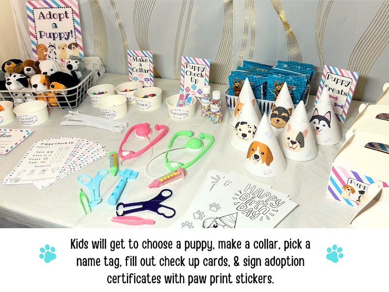 May include: A table set up for a puppy adoption party with plush puppies, party hats, and activity sheets. The table has a sign that says "Adopt a Puppy!" and another sign that says "Puppy Treats".
