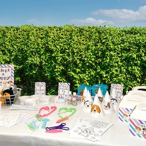 May include: A party table set up for a puppy-themed party. There are several activities for kids, including making a collar, a puppy check-up, and coloring a puppy. There are also several puppy-themed party favors in boxes.