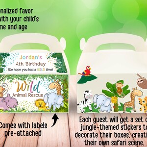 May include: A set of favor boxes with a jungle animal theme. The boxes are decorated with a green, yellow, and blue jungle scene with animals like a zebra, giraffe, monkey, and elephant. The boxes come with labels that say "Jordan's 4th Birthday" and "Wild Animal Rescue".