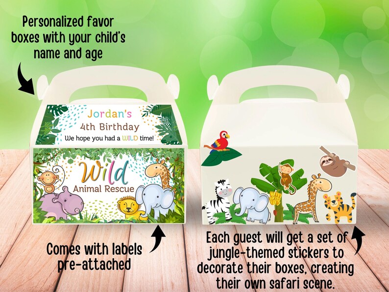 May include: A set of favor boxes with a jungle animal theme. The boxes are decorated with a green, yellow, and blue jungle scene with animals like a zebra, giraffe, monkey, and elephant. The boxes come with labels that say "Jordan's 4th Birthday" and "Wild Animal Rescue".