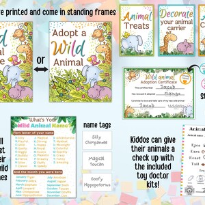 May include: A set of printable signs for a wild animal adoption party. The signs feature colorful illustrations of animals, including a giraffe, elephant, and hippopotamus. The signs include titles like "Wild Animal Rescue", "Adopt a Wild Animal", "Animal Treats", "Decorate Your Animal Carrier", and "Animal Check Up". There is also a printable adoption certificate, a name tag sheet, and a checklist for an animal check-up.