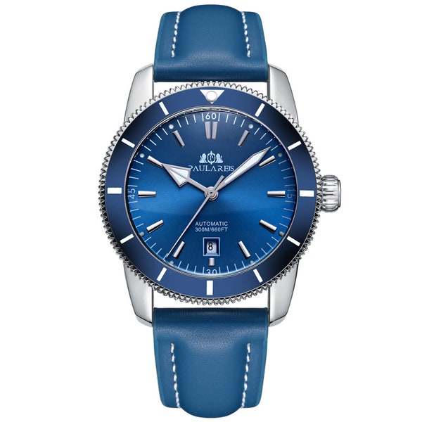 Montre automatique à remontage automatique pour homme, filet mécanique, acier inoxydable, noir, bracelet en cuir bleu, super luxe