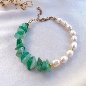 Natural Green Aventurine Gemstone Freshwater Pearl Bracelet, Gold Filled Handmade Bracelet, Waterproof Jewelry, Gift for Her, Birthday Gift