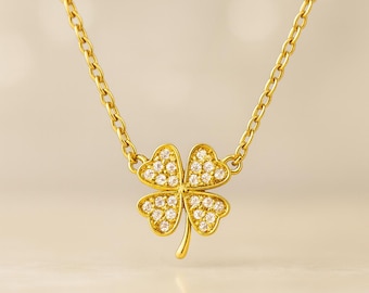 Gold Four-Leaf Clover Necklace: Dainty Zircon Pendant
