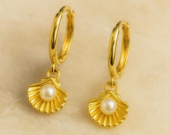 14K Gold Seashell Huggie Earrings: Pearl Drop Beach Jewelry
