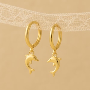 14K Gold Plated Sterling Silver Dolphin Huggie Hoop Earrings