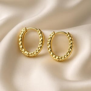 14k Gold Filled Oval Hoop Earrings: Hammered Huggies
