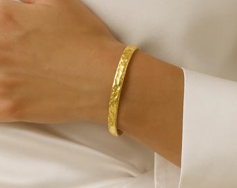 18K Gold Plated Hammered Cuff Bracelet, Textured Open Cuff Bangle, Adjustable Gold Bracelet, Waterproof Gold Jewelry, Boho Gold Bracelet