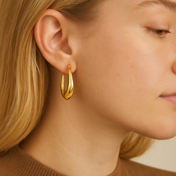 Teardrop Gold Hoop Earrings: 14k Gold Plated Sterling Silver