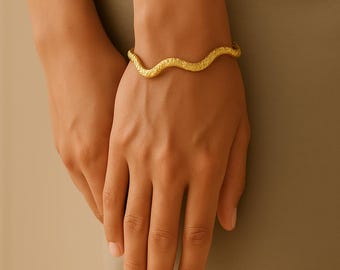 Gold Hammered Wave Cuff Bracelet: 18K Waterproof Bangle
