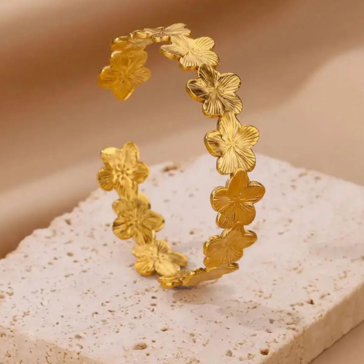 18K Gold Flower Cuff Bracelet: Waterproof Stainless Steel Bangle